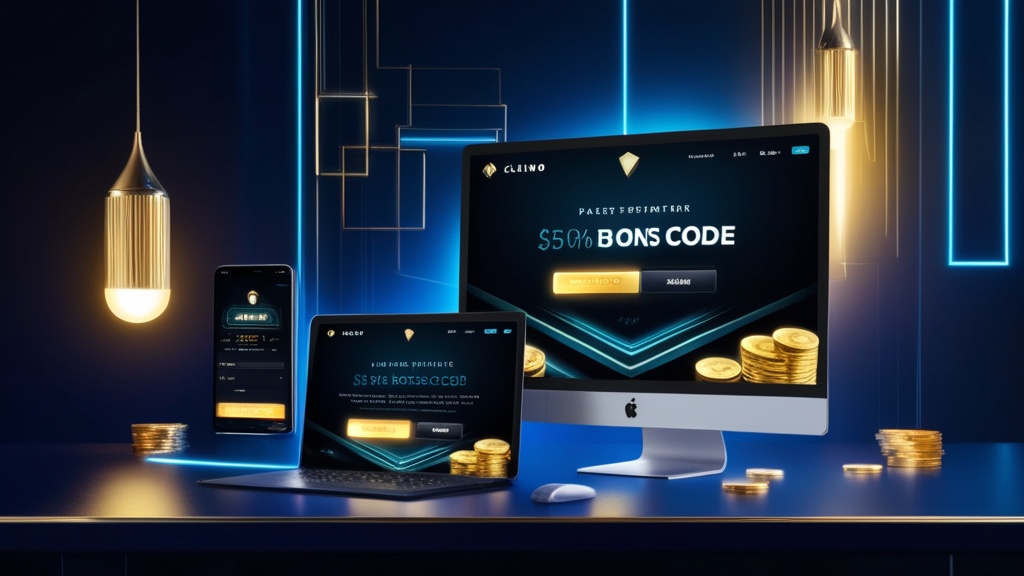 Donkere casinokaart met bonuscodeveld op telefoon en laptop.