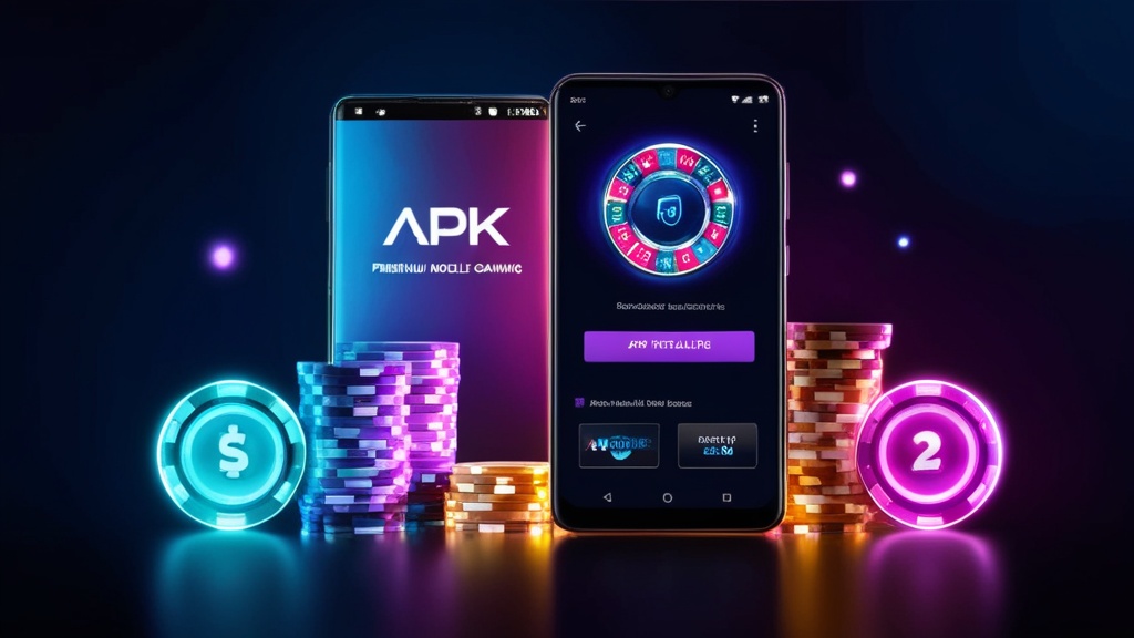 Androidtelefoon met APK-installatie naast casinoreels in donkere neonstijl