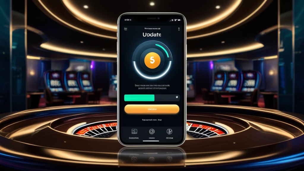 Telefoon met updatebalk in donkere casinoomgeving met neonlicht