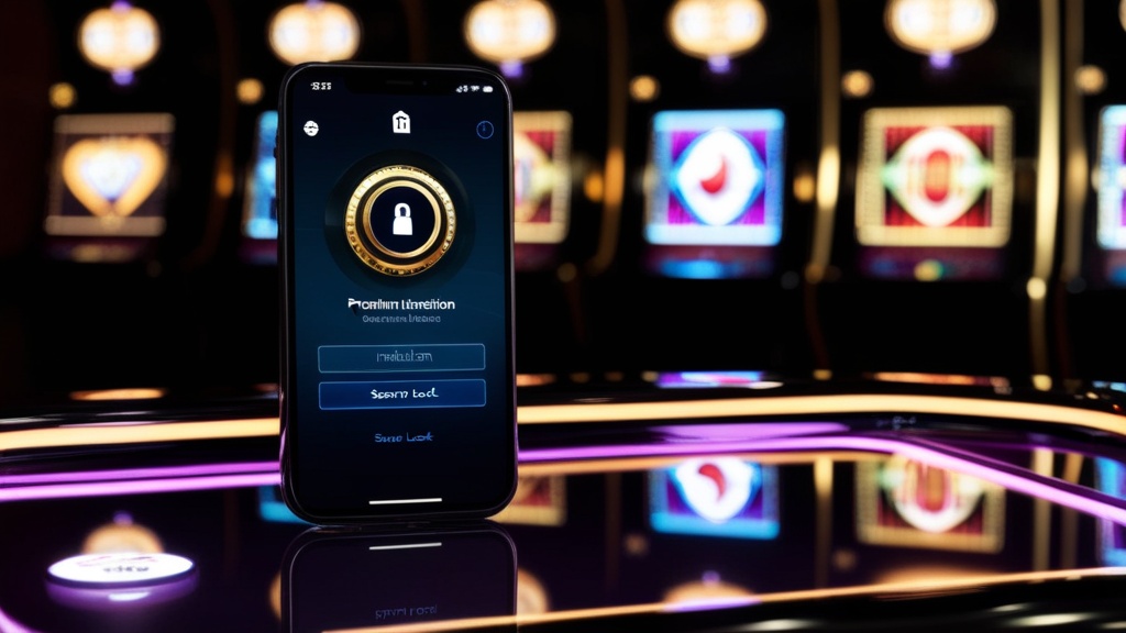 Telefoon met installatiebeeld en slot-icoon in een donkere casinoomgeving
