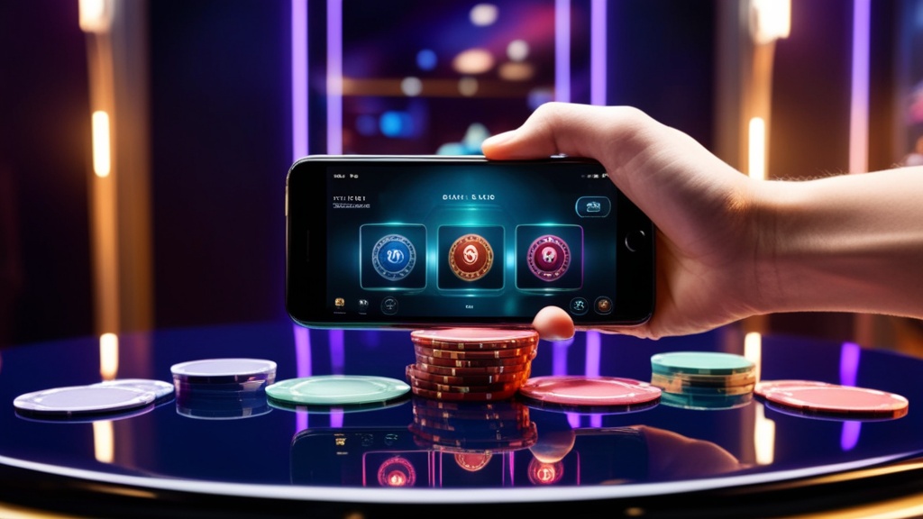 Mobiele casino-interface met chips en kaarten in een donkere setting