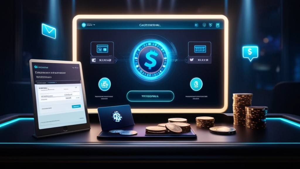 Donkere casino-scène met opnamebalie, verificatiedocumenten en betaaliconen